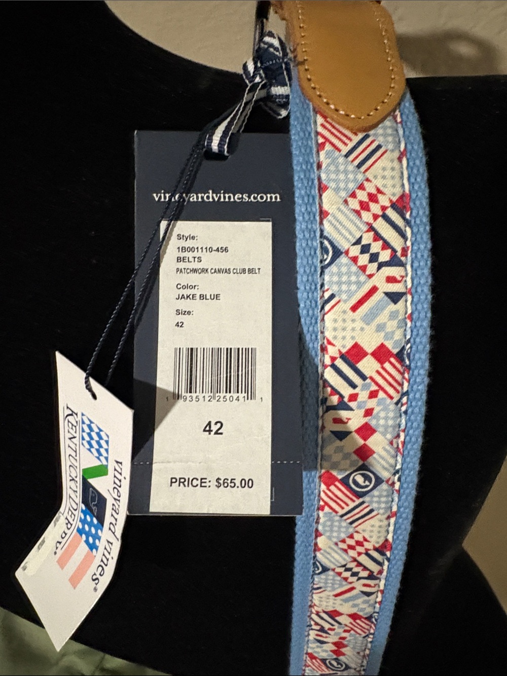 Vineyard Vines Jake Blue Patchwork Canvas Belt with Tan Leather Trim